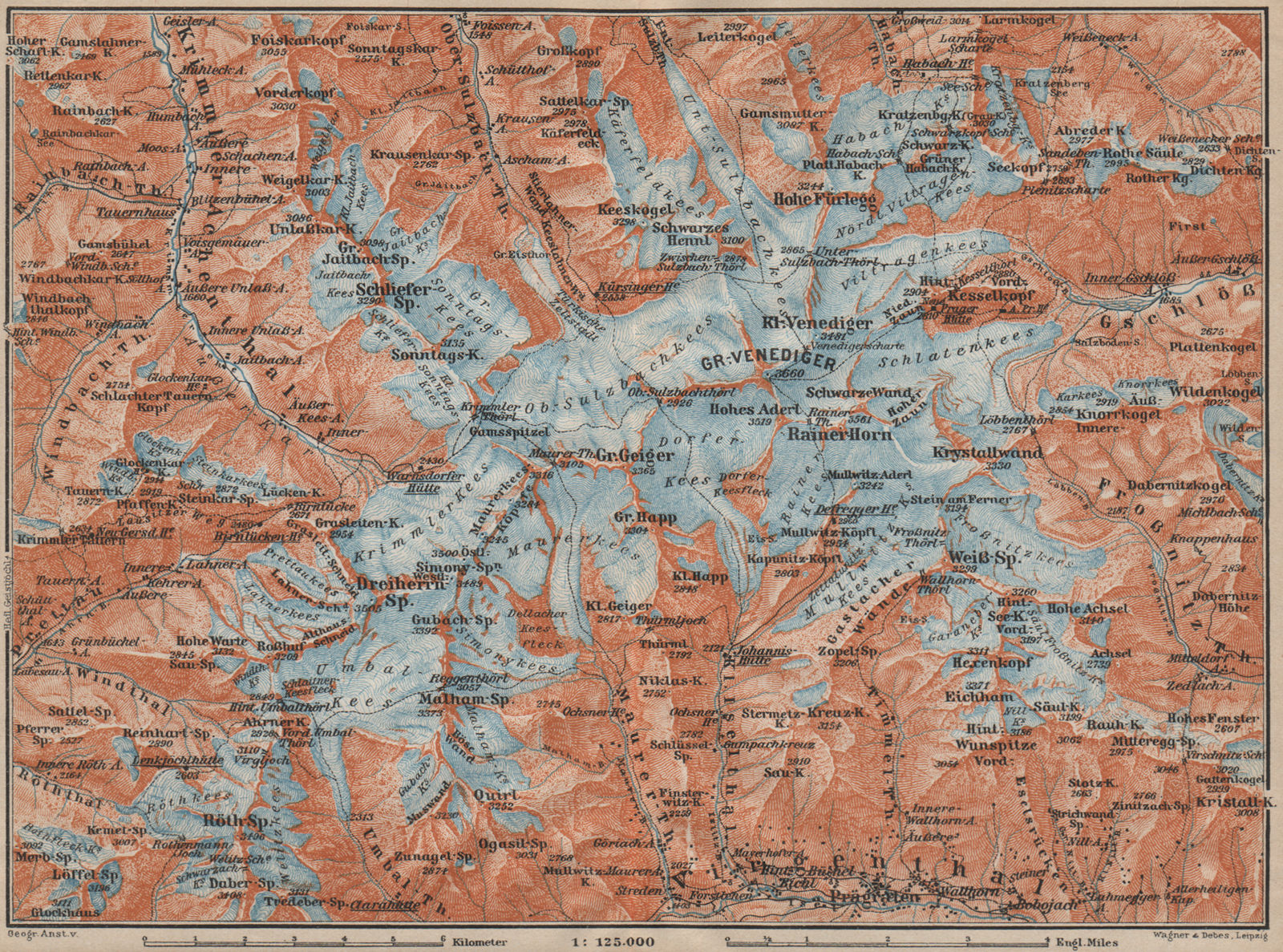 Gross VENEDIGERGRUPPE Group topo-map. Prägraten. Austria Österreich 1911